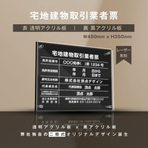 宅地建物取引業者票【Ｗ式プレート 透明アクリル×黒アクリル板】【文字彫刻加工】安価でおしゃれな許可票看板 W45cm×H35cm 各種業者 プ