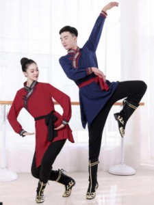 モンゴル舞踊 ダンス衣装 中華 民族風 ダンス 衣装 チベット舞踊 ダンスウェア メンズ レディース 大人 長袖 ミドル丈 スリット ブラウス