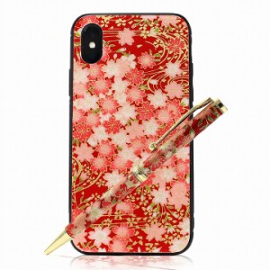 luminio ルミニーオ iPhone XS X アイフォンケース ボールペン 高級 文具ギフトセット 美濃和紙 日本製 桜と流水 レッド スマホケース 16