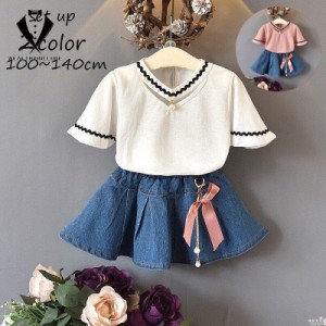 セットアップ 2点セット 上下セット Tシャツ デニムスカート 子供服 キッズ 女の子 トップス ボトムス 半袖 丸首 ラウンドネック リボン 