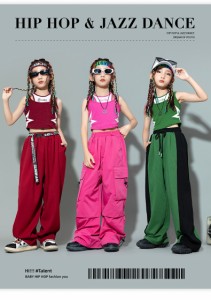 迷彩 キッズ ダンス 女の子 ピンク 2点セット ネオンピンク へそ出し タンクトップ キャミソール パンツ ズボン  Y2K k-pop ヒップホップ