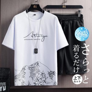 セットアップ メンズ ジャージ スウェット 上下セット 半袖 ゆったり 通気性 涼しい 英字 山柄 普段着 カジュアル 吸汗速乾 ルームウェア