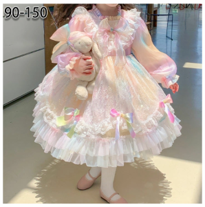  ワンピース キッズ ロリータ 可愛い カラフル ピンク 秋 冬 子供服 蝶結び ドレス プリンセス チュールスカート 長袖 プリンセスドレス 