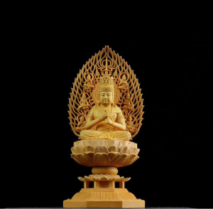 木彫りの仏像 大日如来 (真言宗) 柘植製 六角台座 火炎光背(高さ21.5cm×巾10cm)◆仏壇用のご本尊仏像、木彫り 本柘植仏像 真言宗 大日如来像 柘植六角台座 火炎光背 金泥付 1.8寸