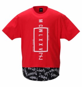 大きいサイズ メンズ SHOCK NINE ロング丈裾切替 半袖 Tシャツ レッド 1258-0291-1 3L 4L 5L 6L