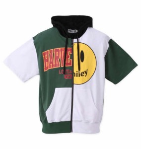 大きいサイズ メンズ SMILEY FACE リメイクカレッジ 半袖 フルジップ パーカー グリーン × ホワイト 1278-2247-1 3L 4L 5L 6L