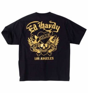 大きいサイズ メンズ Ed Hardy 天竺箔プリント 半袖 Tシャツ ブラック × ゴールド 1278-4515-2 3L 4L 5L 6L 8L