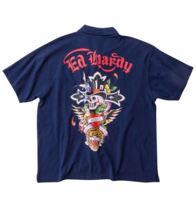 大きいサイズ メンズ Ed Hardy 鹿の子プリント 半袖 ポロシャツ ネイビー 1278-4516-1 3L 4L 5L 6L 8L