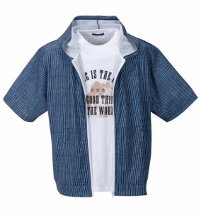 大きいサイズ メンズ COLLINS メッシュヒッコリー風プリント 半袖 フルジップ パーカー + 半袖 Tシャツ ネイビー × ホワイト 1258-4244-
