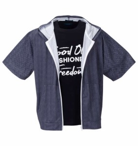 大きいサイズ メンズ COLLINS メッシュヘリンボーン風プリント 半袖 フルジップ パーカー + 半袖 Tシャツ グレー系 × ブラック 1258-424