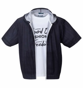 大きいサイズ メンズ COLLINS メッシュヘリンボーン風プリント 半袖 フルジップ パーカー + 半袖 Tシャツ ブラック系 × ホワイト 1258-4