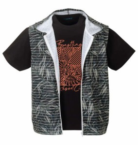 大きいサイズ メンズ COLLINS メッシュリーフ柄プリント ノースリーブ フルジップ パーカー + 半袖 Tシャツ ブラック系 × ブラック 1258