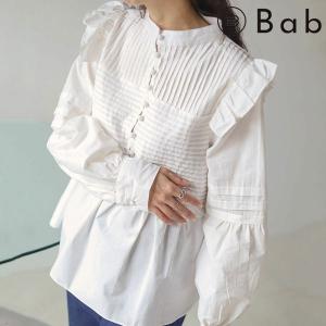 【SALE20%OFF】バブ Bab ピンタックフレアブラウス レディース トップス ブラウス シャツ 長袖 ミドル丈 コットン タック ハリ感 キュー