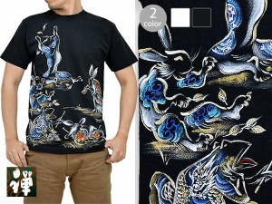 手描き半袖Tシャツ「博打鳥獣戯画」 禅 KTH0051 和柄 和風 送料無料 兎 蛙 京都 手書き メンズ