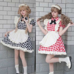 メイド服 チェック柄 喫茶店 レッド ブラック コスプレ ワンピース ロリータ 半袖 日常 萌え ハロウィン 仮装 レディース セクシー 蝶結