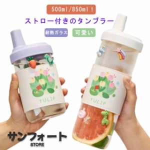 ストロー付き 水筒 ストロー付きタンブラー ガラスボトル 500ml 850ml 大容量 耐熱ガラス クリア 可愛い ブラシ付き おしゃれ キッズ 子