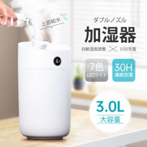 加湿器 ダブルノズル 超音波式 加湿器 連続30時間加湿 3L大容量 USB LEDライト付き 空焚き防止 乾燥 空気加湿機 上部給水 静音設計 軽量