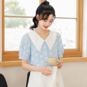 レディース シャツ 夏 薄手 花柄シャツ シフォン ブラウス ショート丈 半袖 シフォンブラウス パフスリーブ Vネック リボン付き 大人 可