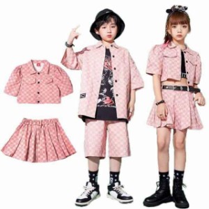 チェックシャツ ハート ピンク キッズダンス衣装 ストリート セットアップ ヒップホップ 衣装 子供服 男の子 女の子 シャツ 桜色 へそ出