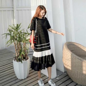 韓国 ファッション レディースワンピ 夏 モノトーンワンピース 半袖 ミモレ丈スカート 大人っぽい 裾シースルー 大きめサイズ K0392