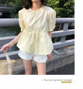 韓国 ファッション レディースブラウス 春夏 パフスリーブ コットンシャツ ガーリースタイル 半袖 裾フレア 大きめサイズ K0395