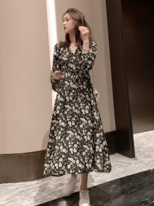 40代のファッションレディース ワンピース ロングカシュクール風ワンピ レディース 大きめサイズ 秋冬 花柄 ミモレ丈 ワンピ 大人可愛い