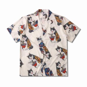 【送料無料】アロハシャツ メンズ レディース 江戸風 猫柄 総柄  大きいサイズ ハワイアン 復古 夏 祭り 海