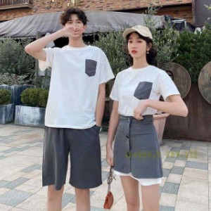 カップル ペアtシャツ 半袖 ペアルック お揃い 服 夏 花柄 パンツ 韓国ファッション デート おでかけコーデ おそろ オルチャンファッショ