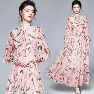 花柄 ワンピース ロング ドレス カジュアル ピンク 個性的 パーティードレス シャツ風 リボン 長袖 Aライン ワンピドレス フレア 袖あり