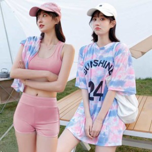 3色 水着 レディース ビキニ タンキニ スイムウェア 3点セット 体系カバー セパレート ボクサーパンツ Tシャツ タイダイ柄 オーバーサイ