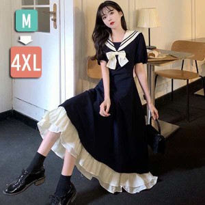 ワンピース ビッグカラー セーラー風 胸元リボン 半袖 夏用 夏服 レディース 中学生 ゆったり デコ襟 大きいサ