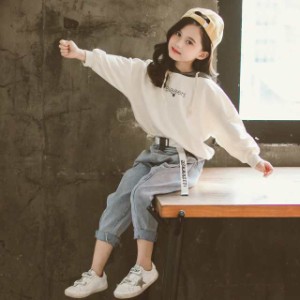 子供服 セットアップ 女の子 長袖 上下セット 韓国子供服 キッズ ジュニア Tシャツ デニムパンツ 長ズボン 可愛い おしゃれ  春秋新品