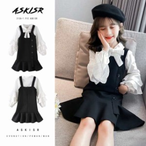 子供服 セットアップ キッズ 女の子 長袖 春服 トップス ブラウス シャツ 蝶結び  サロペット スカート 韓国子供服  おしゃれ 可愛い 新