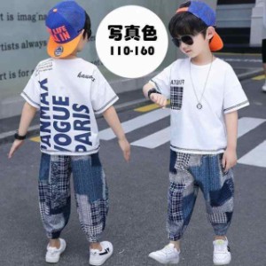 子供服セットアップ  男の子 春夏 上下2点セット  半袖 英字 Tシャツ+チェック柄 九分丈パンツ ジュニア 可愛い おしゃれ 普段着 通学着