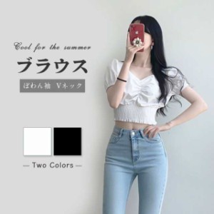 レディース トップス ブラウス パフスリーブ レディース カットソー Tシャツ 半袖 ショート丈 へそ出し ウエストゴム トップス 甘い 可愛