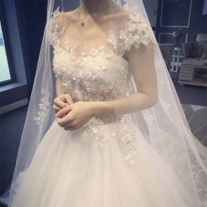 ウェディングドレス 袖あり 結婚式ドレス キレイめ フラワー ホワイトドレス Aライン ロングドレス 白 白ドレス 結婚式 二次会 披露宴 ブ