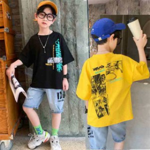 子供服 男の子 半袖 英字 Tシャツ デニムパンツ上下2点セット 夏 スポーツウェア セットアップ  おしゃれ 普段着 通学着新作