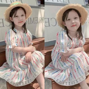 子供服 ティアード ドレス ロング ワンピース 星 ハート パフスリーブ フリル フレアスカート キッズ 可愛い きれいめ エレガント 春 夏