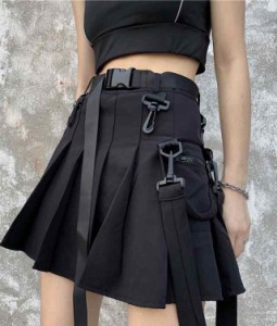 ミニ スカート 韓国 ファッション プリーツ 黒 グレー レディース ボトムス 台形 Aライン ハイウエスト ポケット ベルト 付き 取り外し可