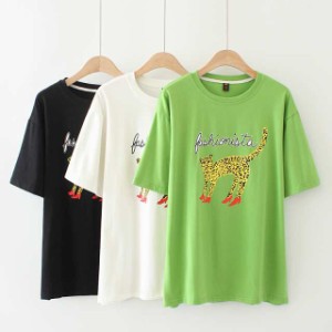 Tシャツ レディース 黒 白 ゆったり カジュアル ラウンドネック 半袖 トップス アニマル柄 ヒョウ柄 英字 プリント ルーズ リラックス 大