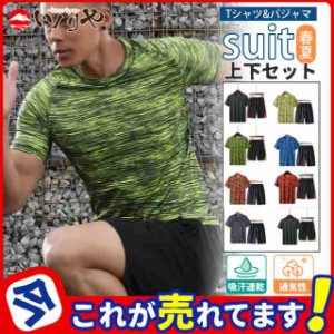 2点セット 上下 セット メンズ セットアップ 夏 Tシャツ 半袖 ハーフパンツ 薄手 ひんやり ジム用 大きいサイズ 吸汗速乾