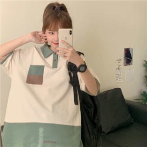 1color M-2XL レトロビッグシルエット5分袖ポロシャツ シンプル ボーイッシュ カジュアル レディース 大きいサイズ 春 夏 秋 M L XL 2XL