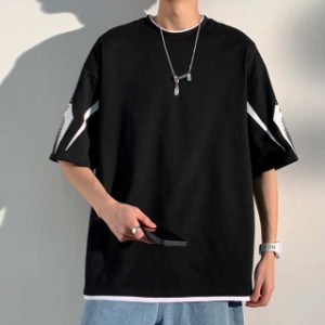 重ね着風Tシャツ 半袖 メンズ 半袖Tシャツトップス 夏 カットソー クルーネック 吸汗 通気性 軽量 快適 薄手 インナー 涼しい 肌触り