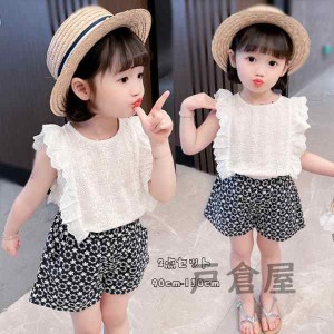 子ども服 女の子 夏服 オシャレ 上下セット 幼児 セットアップ レースシャツ+ショーツ 2点セット ノースリーブ 結婚式 リゾート 通園 通