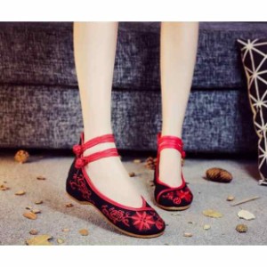 チャイナ靴 レディース パンプス 刺繍 コンフォートパンプス 中華 シューズ 布靴 ダンスシューズ 3色 ブラック レッド