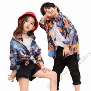 キッズダンス衣装 セットアップ 花柄シャツ ヒップホップ キッズ ダンス 衣装 ゆるシャツ シャツ トップス キッズダンス ダンス衣装 韓国