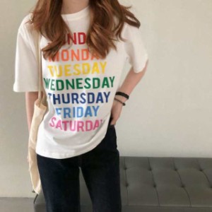 Tシャツ カットソー レディース 女性用 トップス 半袖 クルーネック 英字 ロゴ カジュアル おしゃれ カラフル ゆったり 普段使い 着回し