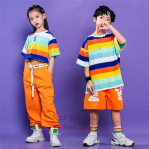 キッズダンス衣装 半袖 tシャツ 虹色 k-pop パンツ カラフル色 子供 ダンス衣装 ヒップホップ シャツ カーゴパンツ ベルト ファッション