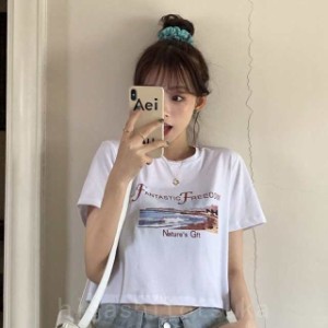 Tシャツ レディース  ショート丈 半袖 ゆるい 夏 トップス へそ出しルック 韓国ファッション 原宿系  ヒップホップ ダンス ストリート風