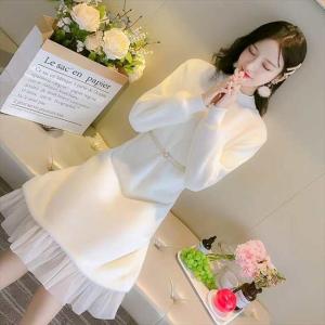 ワンピース ドレス レディース S M L XL ホワイト 長袖 ハイネック パフスリーブ 起毛 ファー エコファー フェイクファー デザイン ベル